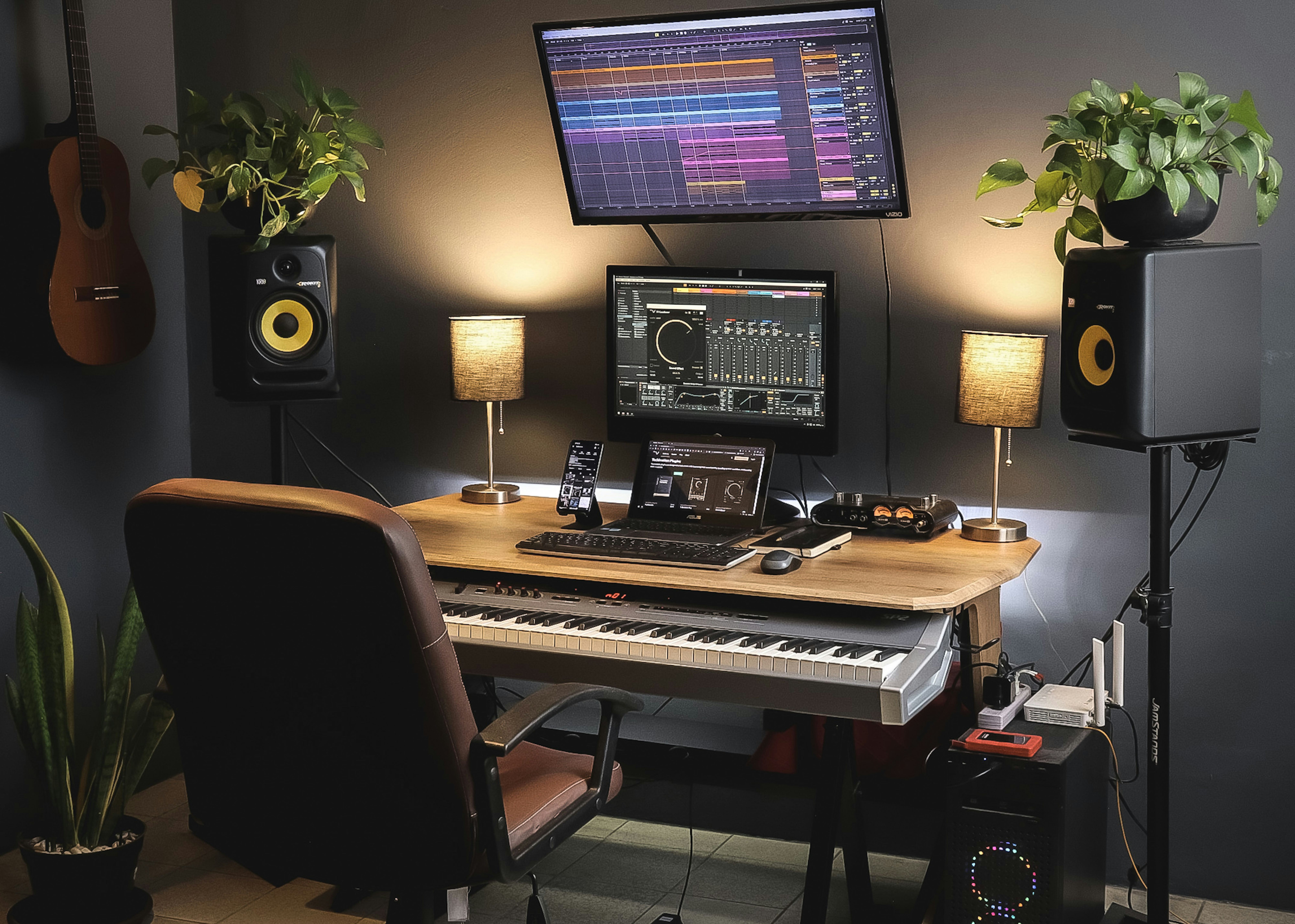 Professional home music production studio setup with multiple monitors, MIDI keyboard, and studio monitors