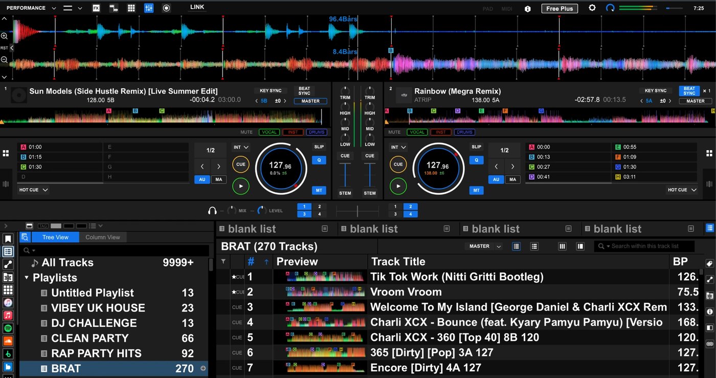 Two tracks loaded in rekordbox, waveforms and cue points lined up at 127 BPM