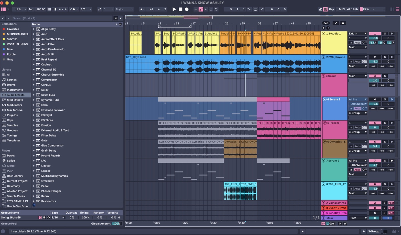A session in Ableton Live 12 — vocal takes, a lead line, Serum and sampled parts laid out in arrangement view